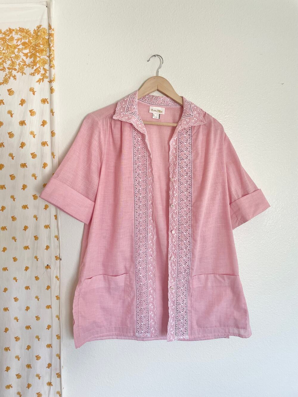 Vintage 80s Lee Mar of California Dusty Rose Pink Lace Tunic Shirt Size 12